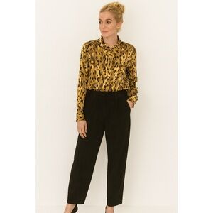 Patrizia Luca Womens Brown Gold Animal Print Collared Long Sleeve Blouse, Size L